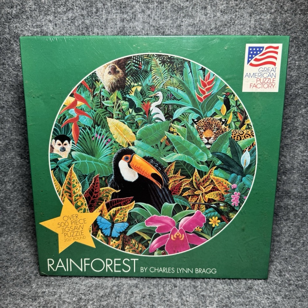 Retro Circular Jigsaw Puzzle "Rainforest" Tropical Animals 500 Pieces Bragg NEW